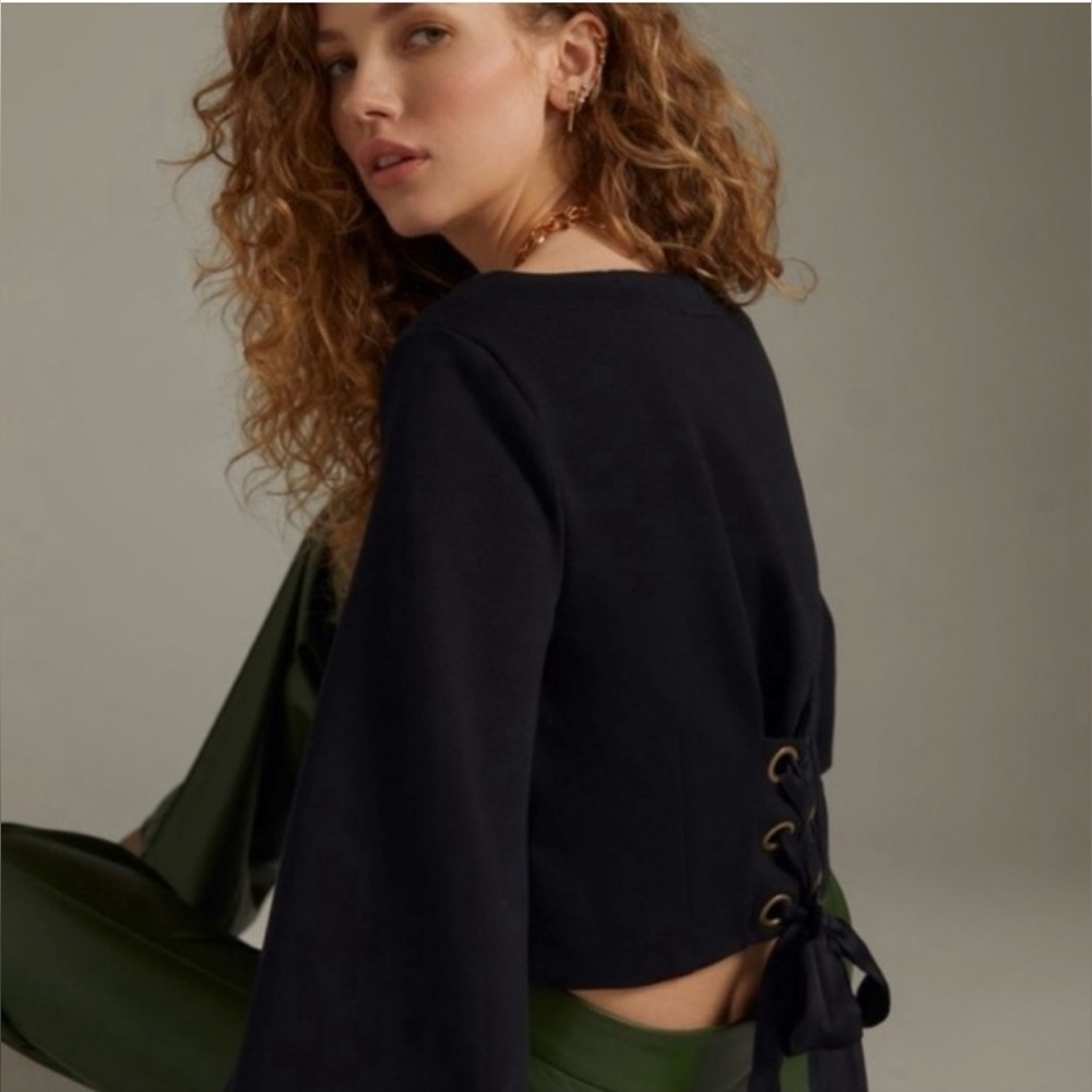 Anthropologie Maeve Tie-Back Ponte Pullover Top Lace-Up Puff Sleeve Black size S